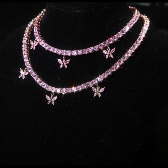 Jewelry - PINK butterfly tennis choker , cz tennis butterfly necklace , bling iced…